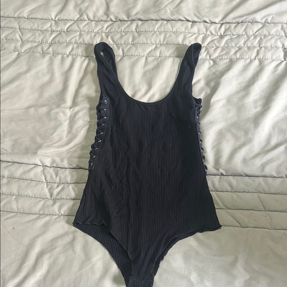 Black Ribbed Bodysuit with Lace-Up Sides